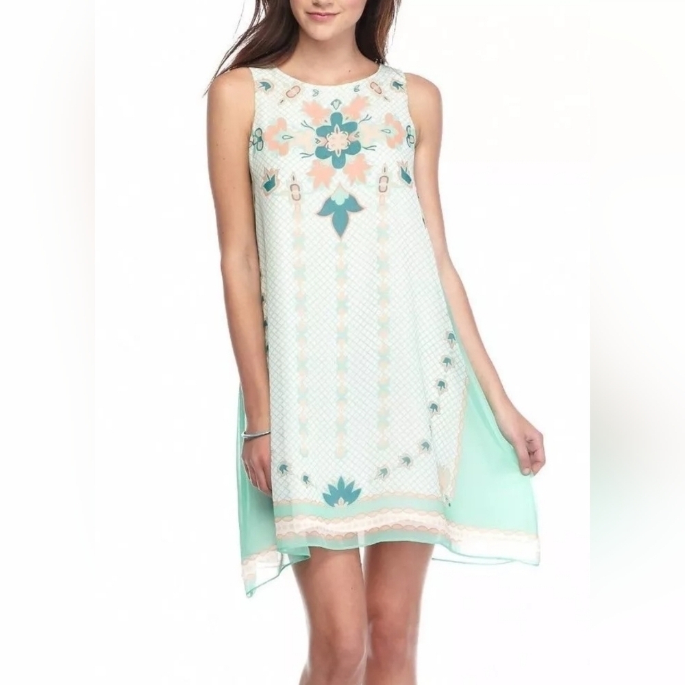 Sophie Max Studio Mint/Coral/Green Print Chiffon Shift Dress, S